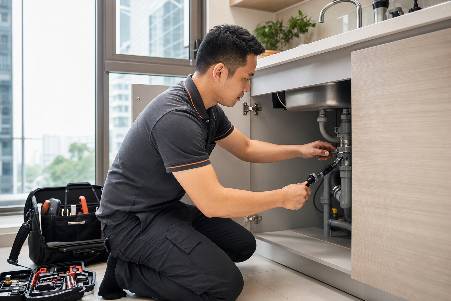 Tan Ah Kow plumber fixing a kitchen sink in a Singapore home