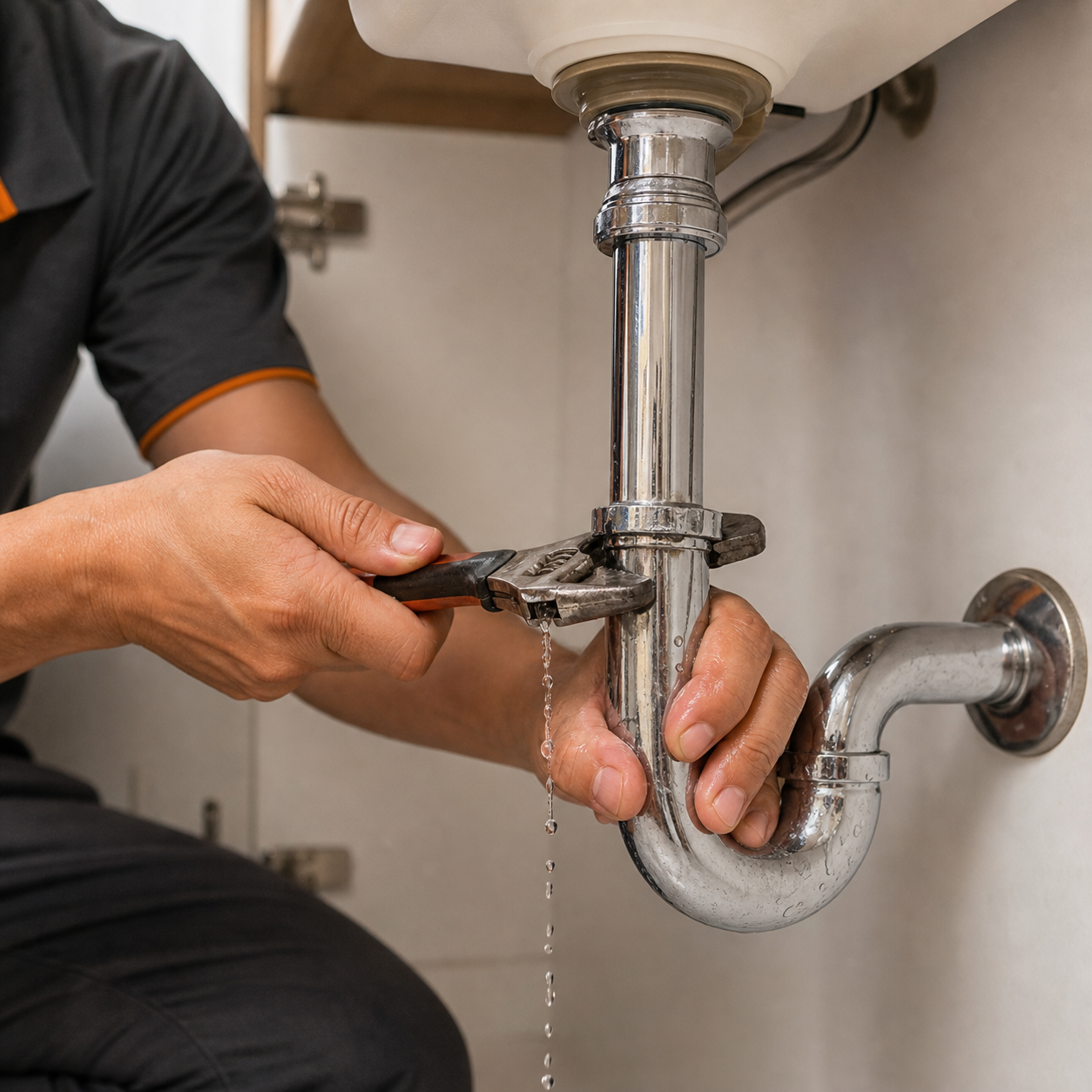Plumber repairing a leaking pipe